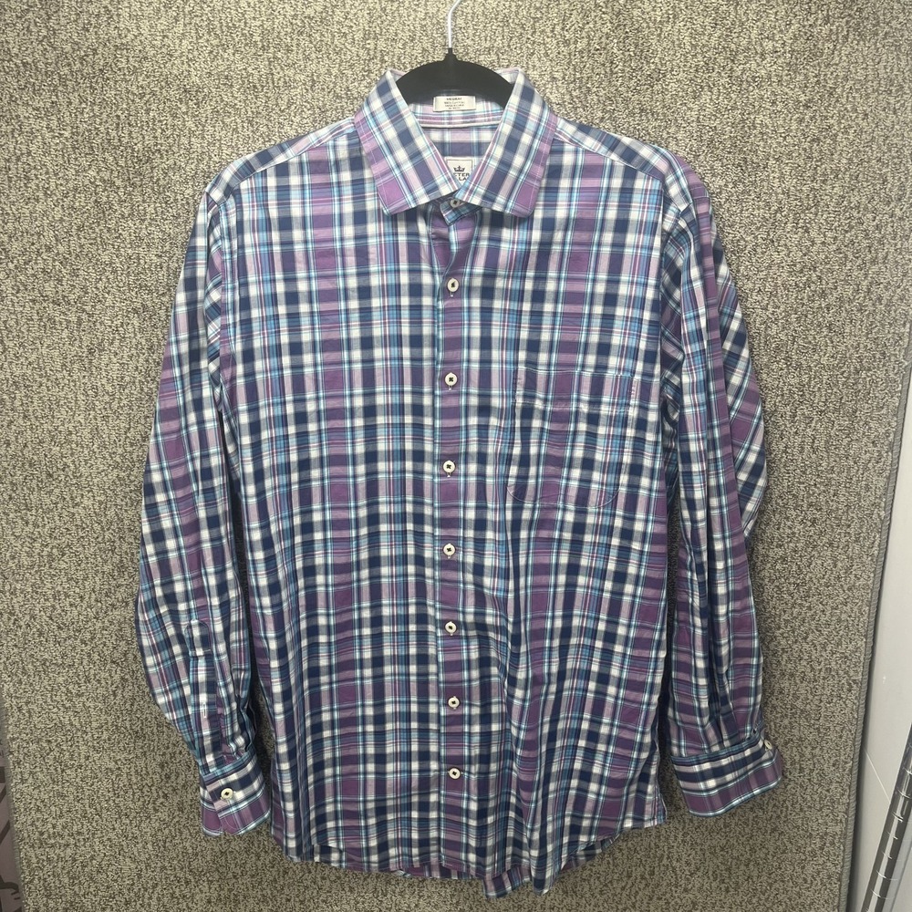 Peter Millar Dress Shirt Mens Medium Purple Blue Plaid Crown Classic Button Down